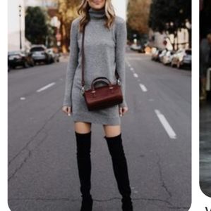 Gray knit turtle neck sweater dress.